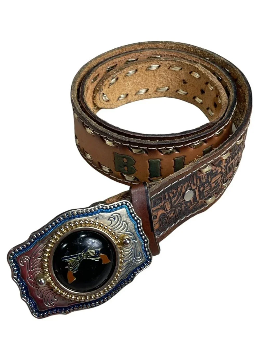 Vintage Guns Buckle Hologram Semi Trucks Leather Tooled Belt 'Bill' Size 36 - Picture 1 of 11